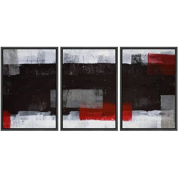 wall26 Framed Canvas Print Wall Art Set Grunge Black, Red & Gray Color Blocks Abstract Shapes Illustrations Modern Art Chic Colorful Ultra for Living Room, Bedroom, Office - 16"x24"x3 B