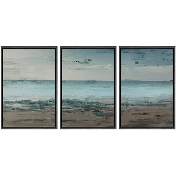 wall26 Framed Canvas Print Wall Art Set Grunge Teal &amp; Brown Beach Shoreline Landscape Geometric Ocean Digital Art Minimalism Nautical Multicolor for Living Room, Bedroom, Office - 24"x36&quo