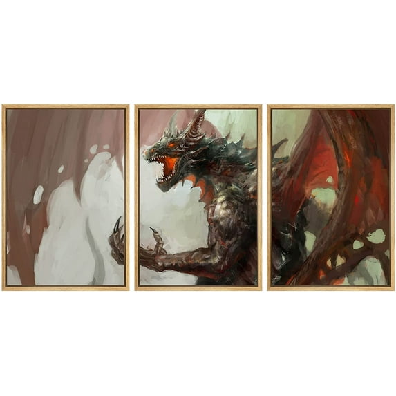 wall26 Framed Canvas Print Wall Art Set Horned Mythological Ancient Dragon Fantasy & Sci-Fi Myth Illustrations Art Contemporary Scenic Colorful for Living Room, Bedroom, Office - 16"x24"