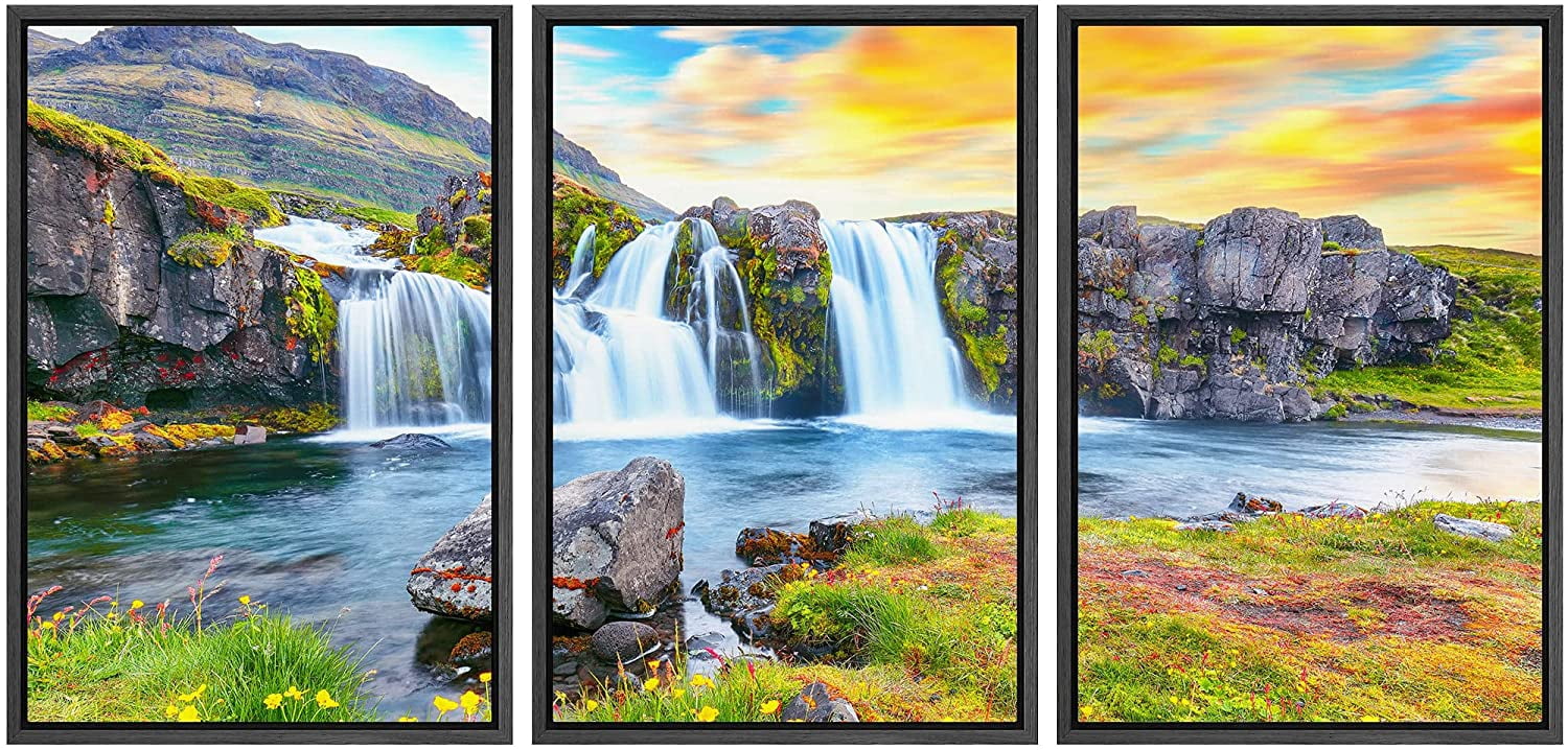 wall26 Framed Canvas Print Wall Art Set Icelandic Sunset Mountain ...