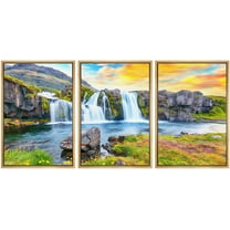 wall26 Framed Canvas Print Wall Art Set Icelandic Sunset Mountain Waterfall Nature Wilderness Photography Realism Decorative Landscape Colorful for Living Room, Bedroom, Office - 24"x36"x3