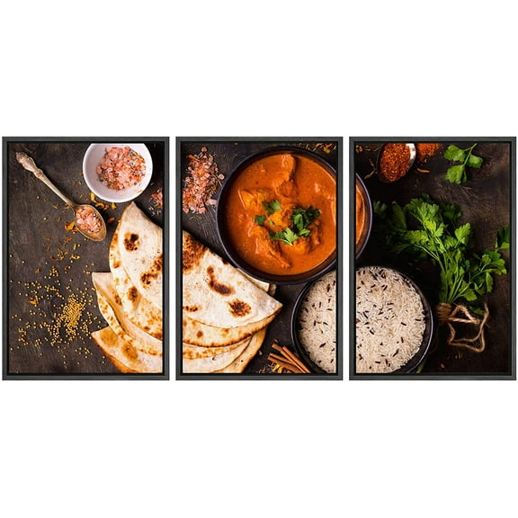 wall26 Framed Canvas Print Wall Art Set Indian Naan Curry Coriander Spice Variety Food Kitchen &amp; Cooking Photography Realism Decorative Colorful for Living Room, Bedroom, Office - 24"x36&quo