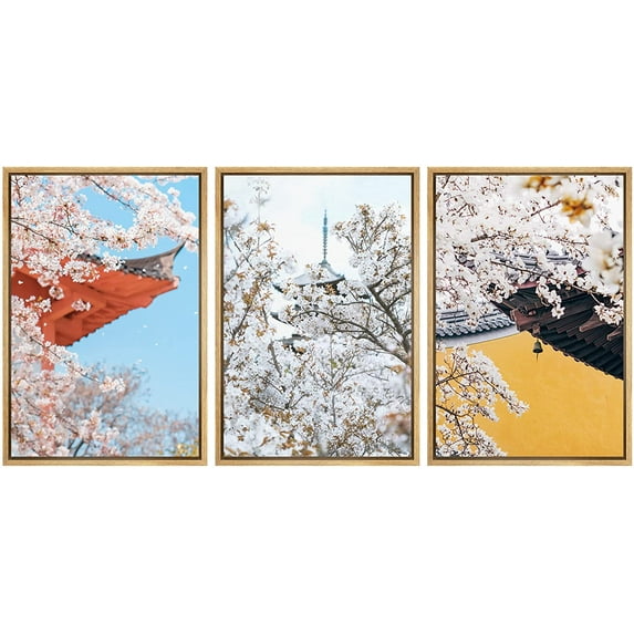 wall26 Framed Canvas Print Wall Art Set Japan Architecture Cherry Blossom Flowers Botanical Floral Photography Realism Decorative Nature Colorful for Living Room, Bedroom, Office - 16"x24"x