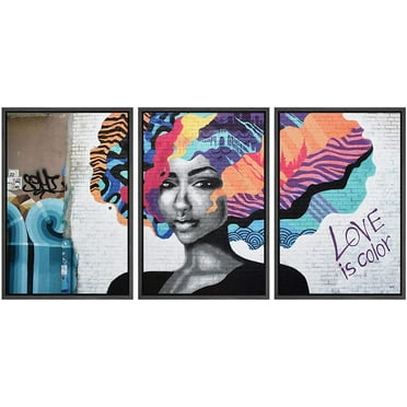 wall26 Framed Canvas Print Wall Art Set Love is Color Triptych Graffiti &amp; Street Art Cities Mixed Media Realism Bohemian Scenic Urban Multicolor for Living Room, Bedroom, Office - 16&quot;x24&quo