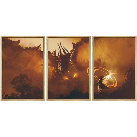 wall26 Framed Canvas Print Wall Art Set Magic Wizard Fighting Mystic Dragon Fantasy & Sci-Fi Fairy Tale Digital Art Pop Art Decorative Landscape for Living Room, Bedroom, Office - 16"x24&quo