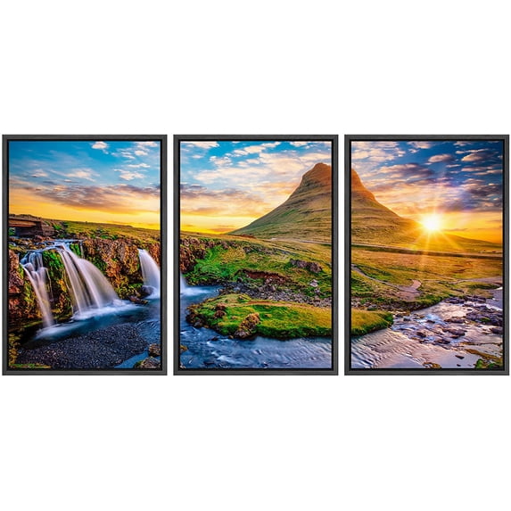 wall26 Framed Canvas Print Wall Art Set Majestic Waterfall Mountain Sunset Nature Wilderness Photography Realism Decorative Landscape Colorful for Living Room, Bedroom, Office - 16"x24"x3 B
