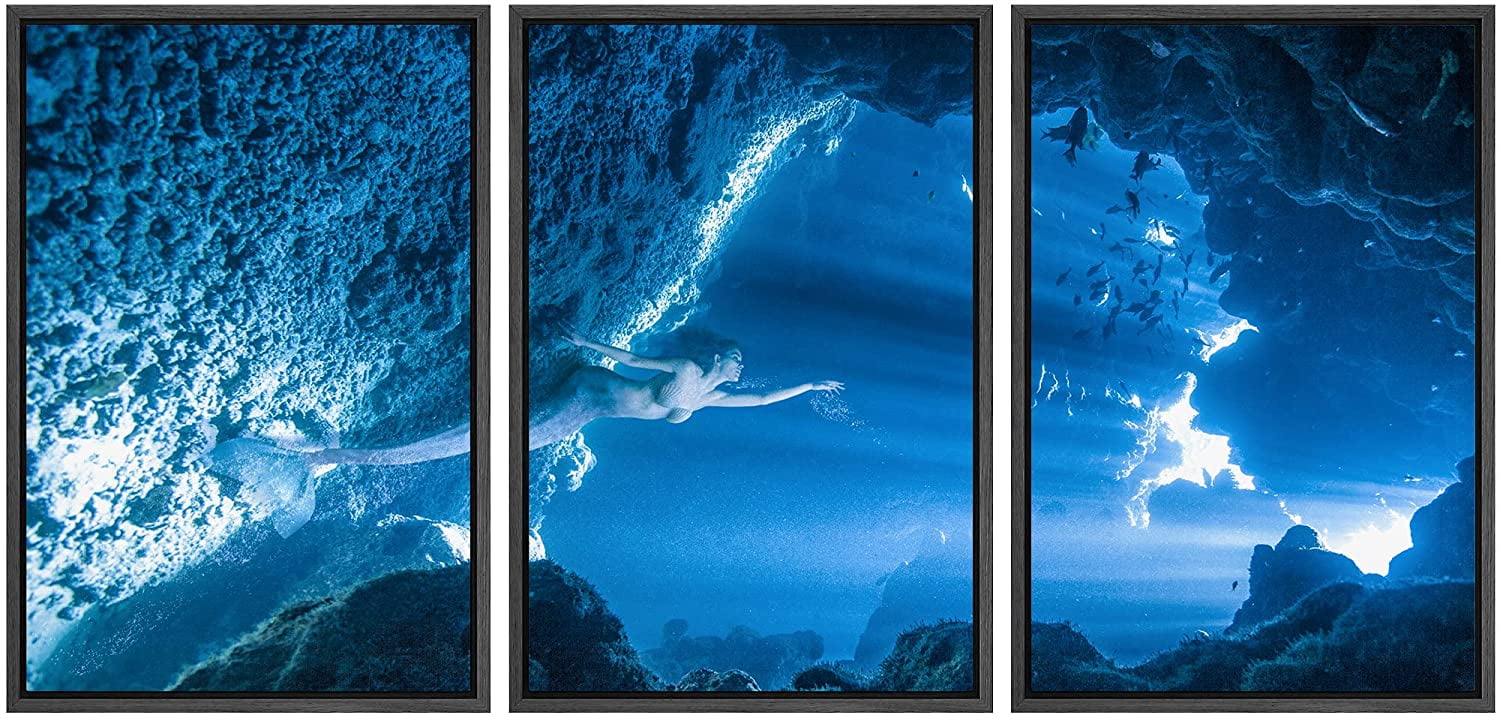 Wall26 Framed Canvas Print Wall Art Set Mermaid Swimming Hidden Ocean Cove Fantasy And Sci Fi 7016