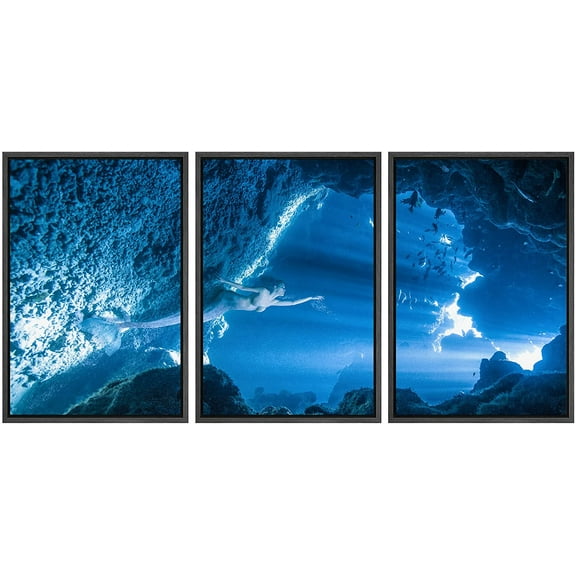 wall26 Framed Canvas Print Wall Art Set Mermaid Swimming Hidden Ocean Cove Fantasy &amp; Sci-Fi Fairy Tale Digital Art Pop Art Decorative Landscape for Living Room, Bedroom, Office - 16"x24&quot