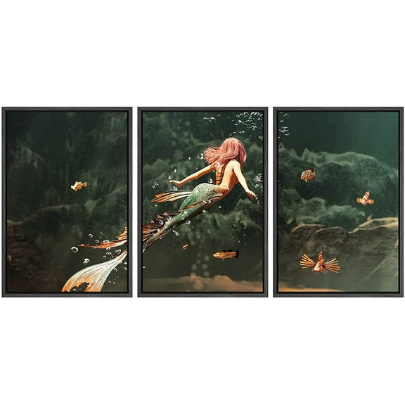 wall26 Framed Canvas Print Wall Art Set Mermaid Swimming in Underwater Ocean Fantasy &amp; Sci-Fi Fairy Tale Digital Art Pop Art Decorative Landscape for Living Room, Bedroom, Office - 24"x36&qu