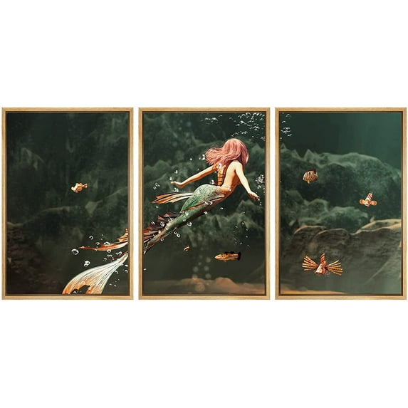 wall26 Framed Canvas Print Wall Art Set Mermaid Swimming in Underwater Ocean Fantasy & Sci-Fi Fairy Tale Digital Art Pop Art Decorative Landscape for Living Room, Bedroom, Office - 16"x24&qu