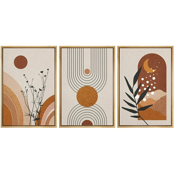 wall26 Framed Canvas Print Wall Art Set Mid-Century Geometric Forest Plant Planets Nature Abstract Illustrations Modern Art Bohemian Decorative for Living Room, Bedroom, Office - 16"x24"x3 Natural