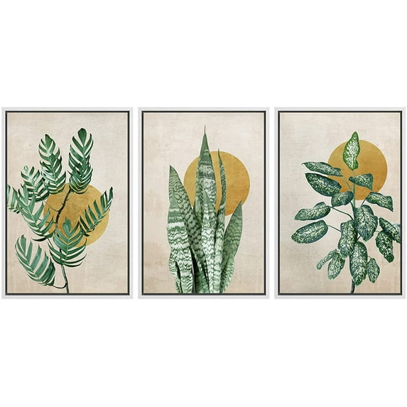 wall26 Framed Canvas Print Wall Art Set Mid-Century Minimal Tropical Plants Nature Wilderness Illustrations Modern Art Bohemian Decorative for Living Room, Bedroom, Office - 24"x36"x3 White