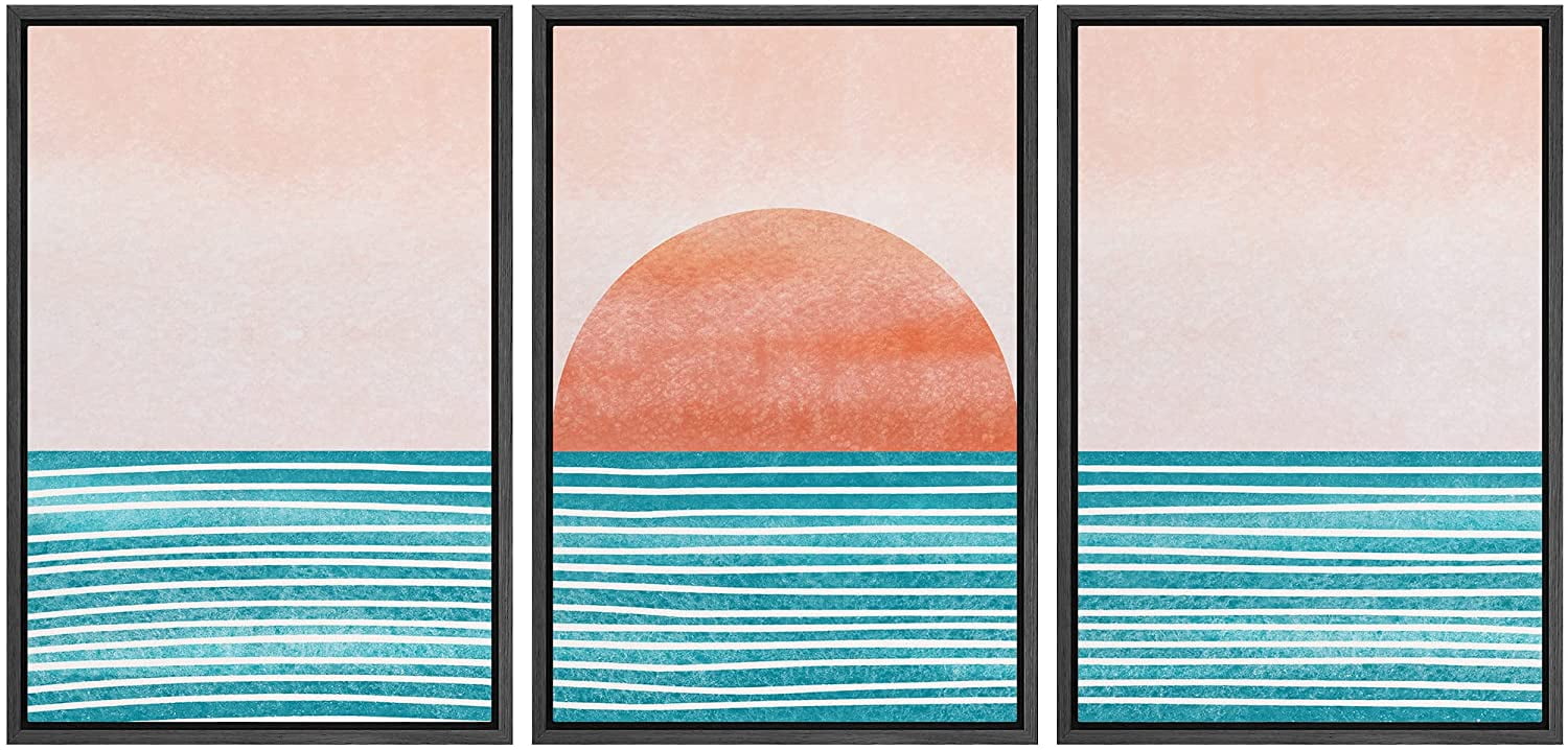 wall26 Framed Canvas Print Wall Art Set Mid-Century Ocean Sunset Sun ...