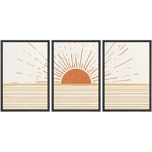 wall26 Framed Canvas Print Wall Art Set Mid-Century Ocean Sunset Sun Horizon Nature Abstract Illustrations Modern Art Bohemian Decorative for Living Room, Bedroom, Office - 24"x36"x3 Black