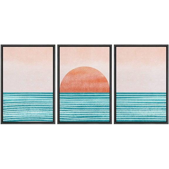 wall26 Framed Canvas Print Wall Art Set Mid-Century Ocean Sunset Sun Horizon Nature Abstract Illustrations Modern Art Bohemian Decorative for Living Room, Bedroom, Office - 16"x24"x3 Black