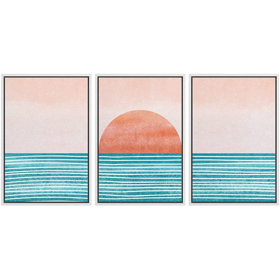 wall26 Framed Canvas Print Wall Art Set Mid-Century Ocean Sunset Sun Horizon Nature Abstract Illustrations Modern Art Bohemian Decorative for Living Room, Bedroom, Office - 16"x24"x3 White