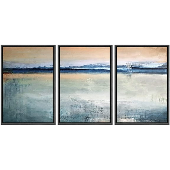 wall26 Framed Canvas Print Wall Art Set Minimal Blue Paint Stroke Landscape Abstract Shapes Illustrations Modern Art Decorative Multicolor Chic for Living Room, Bedroom, Office - 16"x24"x3