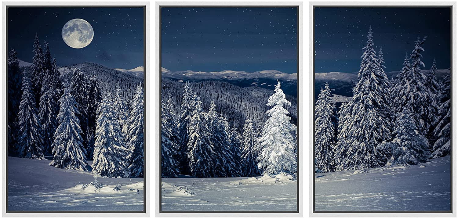 wall26 Framed Canvas Print Wall Art Set Moonlight Winter Snow Mountain ...