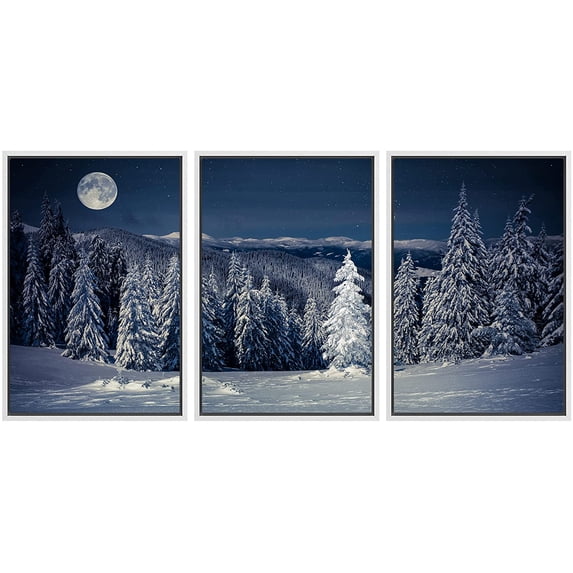 wall26 Framed Canvas Print Wall Art Set Moonlight Winter Snow Mountain Forest Nature Wilderness Photography Realism Rustic Landscape Colorful Cool for Living Room, Bedroom, Office - 24"x36"