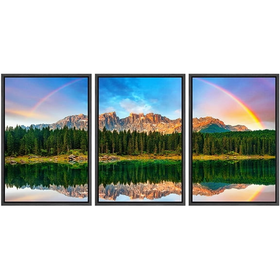 wall26 Framed Canvas Print Wall Art Set Mountain Range Forest Lake Rainbow Nature Wilderness Photography Realism Decorative Landscape Colorful for Living Room, Bedroom, Office - 16"x24"x3 B