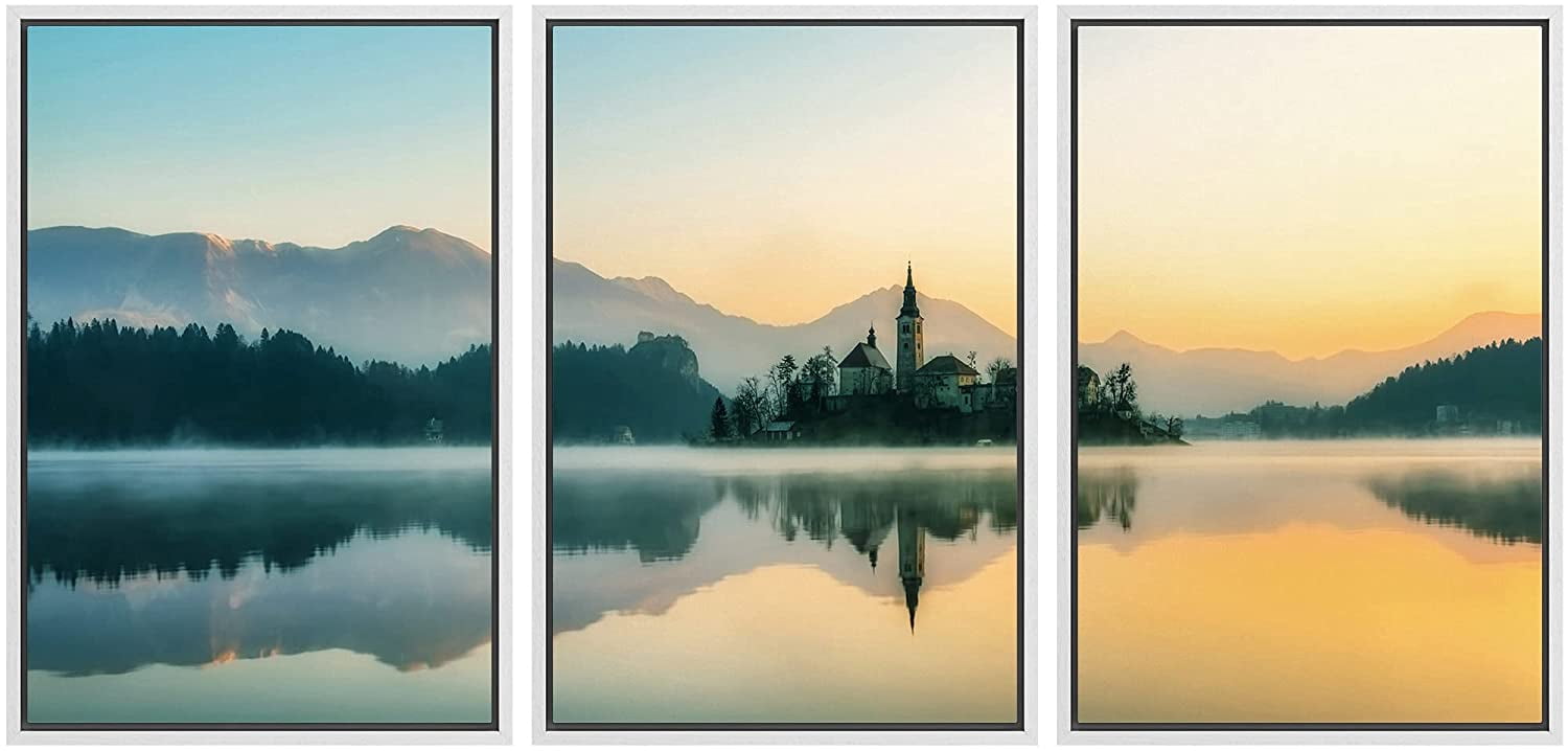 wall26 Framed Canvas Print Wall Art Set Mountain Range Forest Lake ...