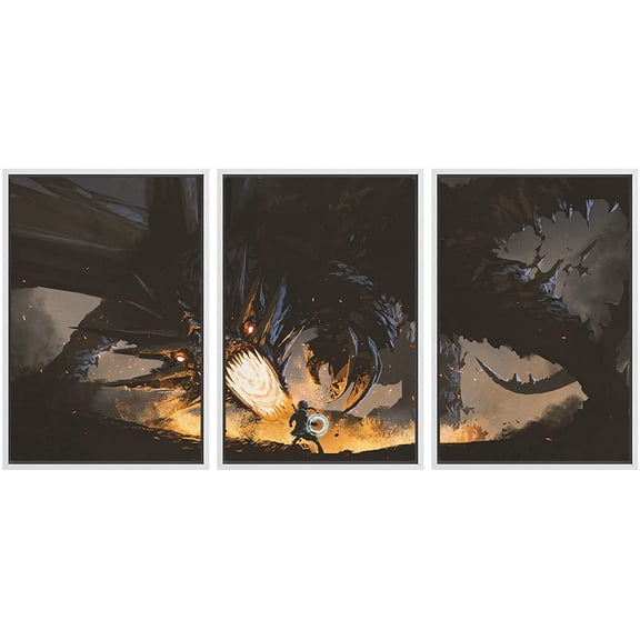 wall26 Framed Canvas Print Wall Art Set Mystic Fire Breathing Dragon & Knight Fantasy & Sci-Fi Fairy Tale Digital Art Pop Art Decorative Landscape for Living Room, Bedroom, Office - 16"x