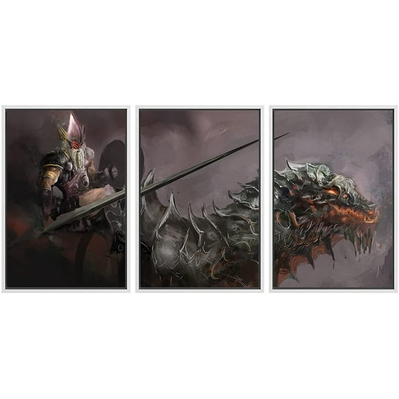 wall26 Framed Canvas Print Wall Art Set Mystic Magic Dragon Riding Knight Fantasy &amp; Sci-Fi Fairy Tale Digital Art Pop Art Decorative Landscape for Living Room, Bedroom, Office - 24"x36"