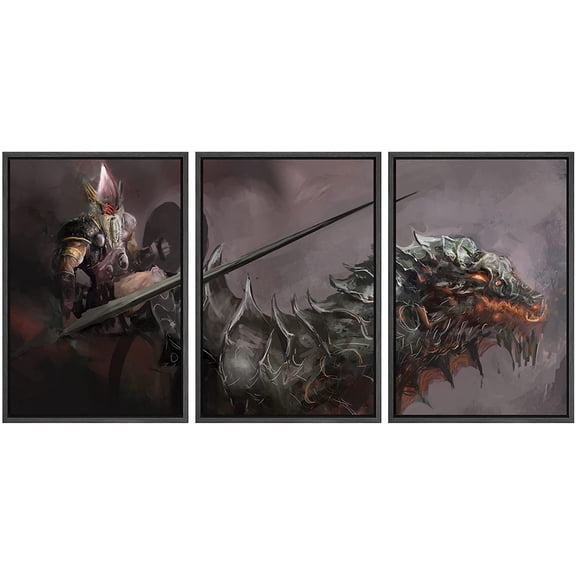 wall26 Framed Canvas Print Wall Art Set Mystic Magic Dragon Riding Knight Fantasy &amp; Sci-Fi Fairy Tale Digital Art Pop Art Decorative Landscape for Living Room, Bedroom, Office - 16"x24"