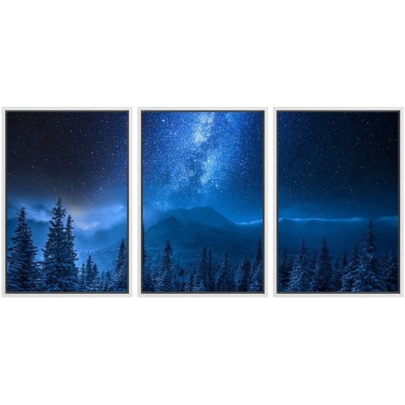 wall26 Framed Canvas Print Wall Art Set Neon Blue Milky Way Forest Tree Astronomy & Space Nature Digital Art Sci-Fi & Fantasy Decorative Landscape for Living Room, Bedroom, Office - 16"x