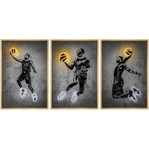 wall26 Framed Canvas Print Wall Art Set Neon Light Basketball Player Slam Dunk Sports &amp; Fitness Athletes Digital Art Pop Art Modern Portrait for Living Room, Bedroom, Office - 16"x24"x3