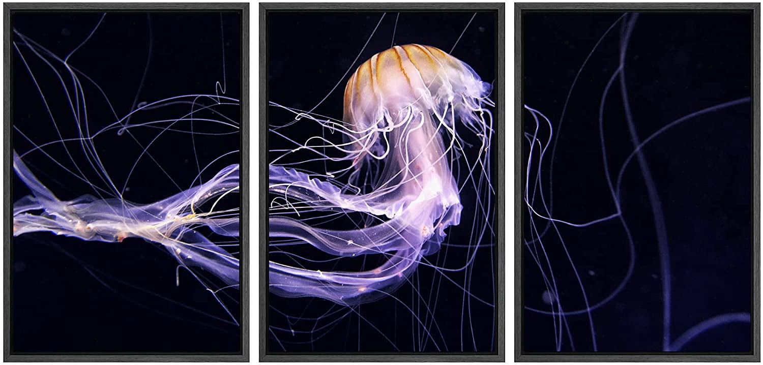 wall26 Framed Canvas Print Wall Art Set Neon Purple Dark Deep Sea Ocean ...