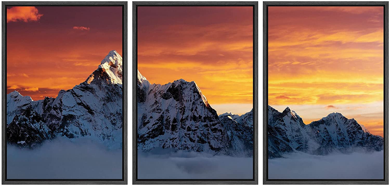 wall26 Framed Canvas Print Wall Art Set Orange Sunset Over Snowy ...
