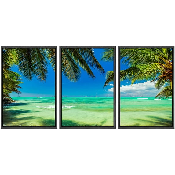 wall26 Framed Canvas Print Wall Art Set Palm Tree Teal Ocean Sea Horizon Beach Nature Wilderness Photography Realism Rustic Landscape Colorful for Living Room, Bedroom, Office - 24"x36"x3 B