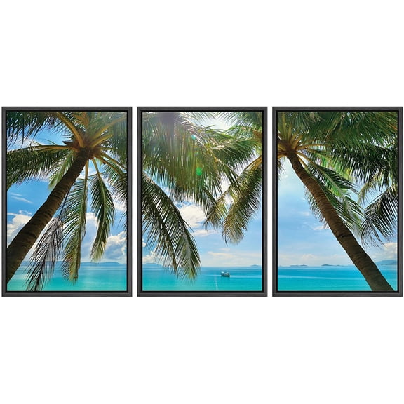 wall26 Framed Canvas Print Wall Art Set Palm Trees & Boat on Blue Beach Nature Wilderness Photography Realism Rustic Scenic Relax/Calm Multicolor for Living Room, Bedroom, Office - 16"x24&qu
