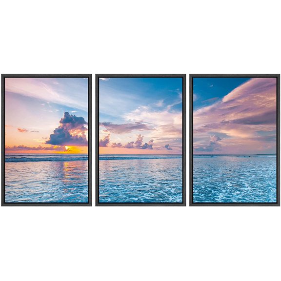 wall26 Framed Canvas Print Wall Art Set Pastel Cloud Sunset Tropical Ocean Waves Nature Wilderness Photography Realism Rustic Landscape Colorful for Living Room, Bedroom, Office - 16"x24"x3