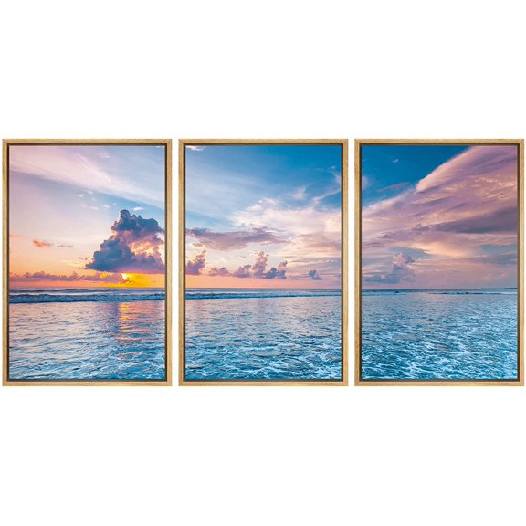 wall26 Framed Canvas Print Wall Art Set Pastel Cloud Sunset Tropical Ocean Waves Nature Wilderness Photography Realism Rustic Landscape Colorful for Living Room, Bedroom, Office - 16"x24"x3