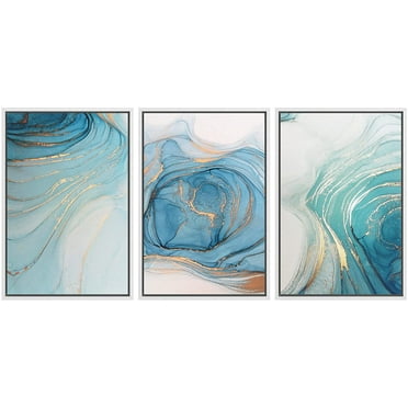 wall26 Framed Canvas Print Wall Art Set Pastel Gold Blue Teal Smoke Wave Swirls Abstract Shapes Illustrations Modern Art Decorative Boho Colorful for Living Room, Bedroom, Office - 24&quot;x36&quot;x