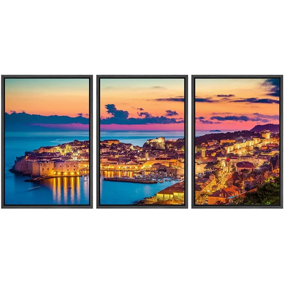 wall26 Framed Canvas Print Wall Art Set Pastel Neon Sunset Ocean Sea Dubrovnik Croatia Nature Cityscape Photography Realism Landscape Colorful for Living Room, Bedroom, Office - 16"x24"x3 B