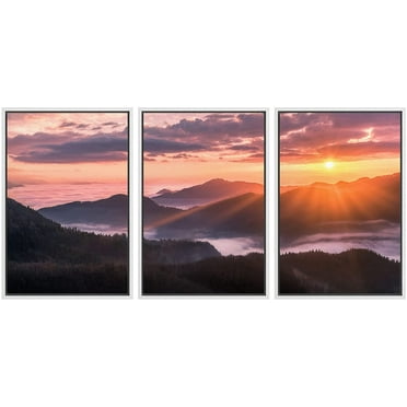 wall26 Framed Canvas Print Wall Art Set Pastel Sunset Sunshine Mountain Range Nature Wilderness Photography Realism Rustic Landscape Colorful Cool for Living Room, Bedroom, Office - 24&quot;x36&quot;