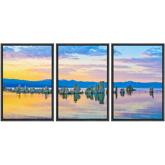 wall26 Framed Canvas Print Wall Art Set Pastel Sy Sunset Ocean Lake Sea Rocks Nature Wilderness Photography Realism Decorative Landscape Colorful for Living Room, Bedroom, Office - 16"x24"x