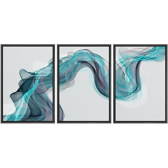 wall26 Framed Canvas Print Wall Art Set Pastel Teal Black Smoke Wave Cloud Abstract Shapes Illustrations Modern Art Bohemian Decorative Multicolor for Living Room, Bedroom, Office - 16"x24"