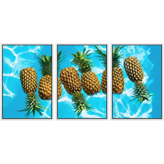 wall26 Framed Canvas Print Wall Art Set Pineapples Floating in The Summer Pool Fruit Food Photography Realism Rustic Landscape Colorful Ultra for Living Room, Bedroom, Office - 24"x36"x3 WH