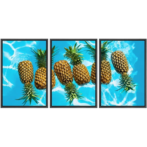 wall26 Framed Canvas Print Wall Art Set Pineapples Floating in The Summer Pool Fruit Food Photography Realism Rustic Landscape Colorful Ultra for Living Room, Bedroom, Office - 24"x36"x3 BL