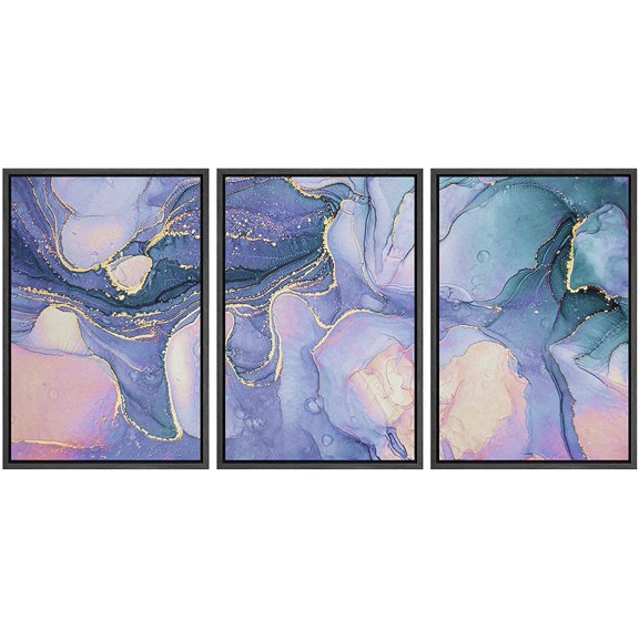wall26 Framed Canvas Print Wall Art Set Purple Gold Smoke Wave Clouds Abstract Shapes Illustrations Modern Art Bohemian Decorative Multicolor for Living Room, Bedroom, Office - 16"x24"x3 Bl