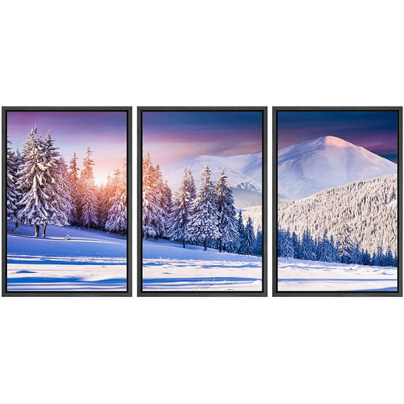 wall26 Framed Canvas Print Wall Art Set Purple Sunset Winter Snowy Forest Nature Wilderness Photography Realism Rustic Landscape Colorful Cool for Living Room, Bedroom, Office - 16"x24"x3 B