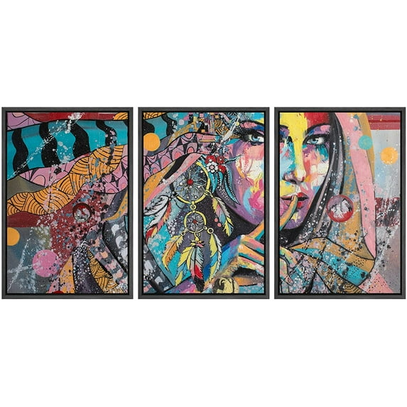 wall26 Framed Canvas Print Wall Art Set Rainbow Tribal Woman & Dream Catcher Talisman People Fashion Illustrations Modern Art Scenic Relax/Calm for Living Room, Bedroom, Office - 24"x36"