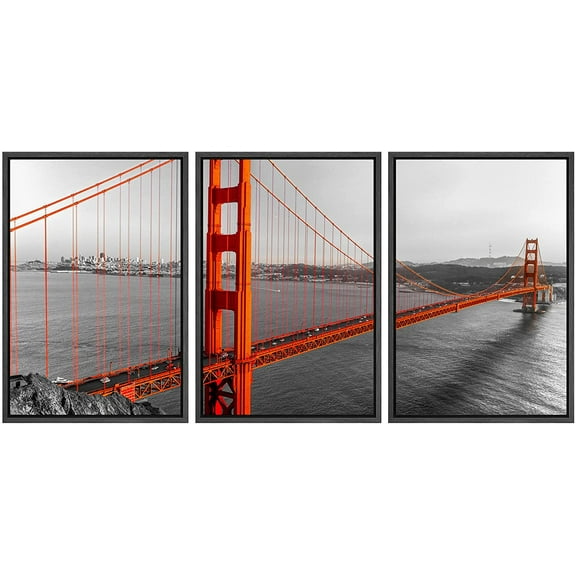 wall26 Framed Canvas Print Wall Art Set Red Golden Gate Bridge in San Francisco Nature Wilderness Photography Realism Rustic Scenic Multicolor for Living Room, Bedroom, Office - 16"x24"x3 B