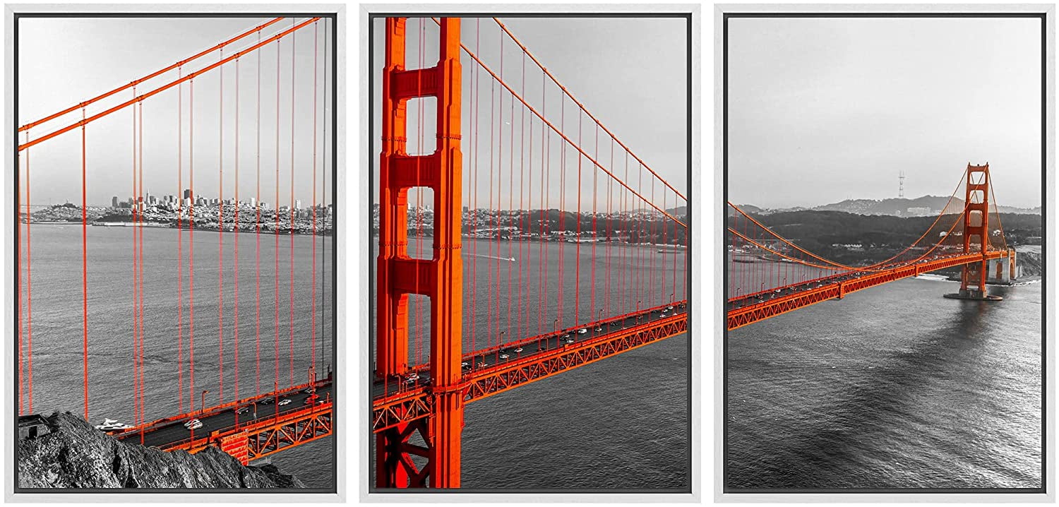 wall26 Framed Canvas Print Wall Art Set Red Golden Gate Bridge in San ...