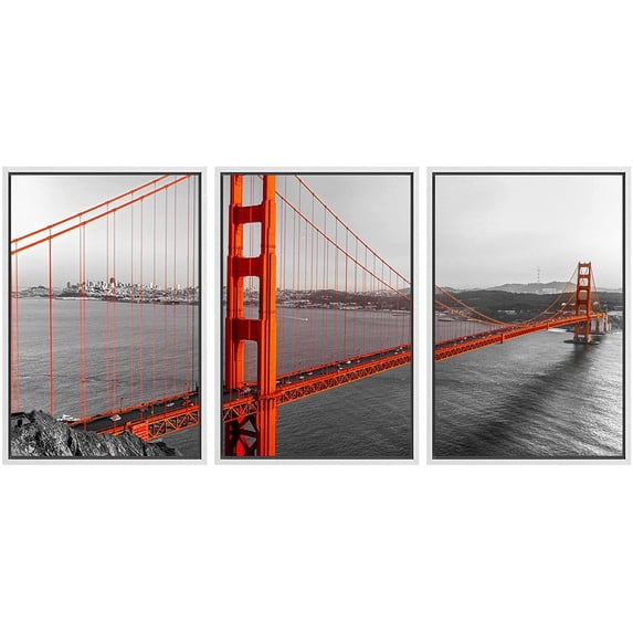 wall26 Framed Canvas Print Wall Art Set Red Golden Gate Bridge in San Francisco Nature Wilderness Photography Realism Rustic Scenic Multicolor for Living Room, Bedroom, Office - 16"x24"x3 W