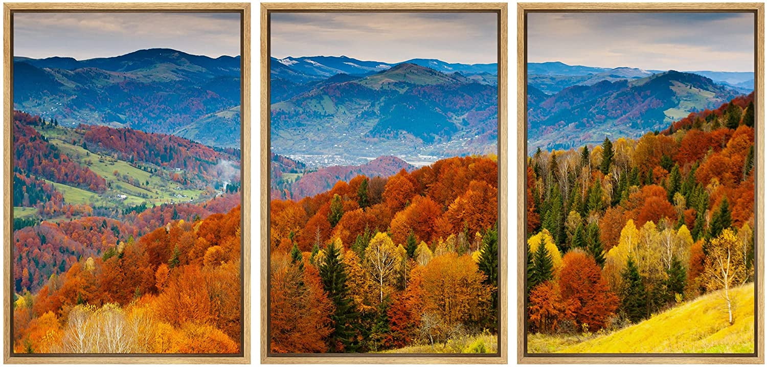 wall26 Framed Canvas Print Wall Art Set Red, Green & Yellow Autumn ...